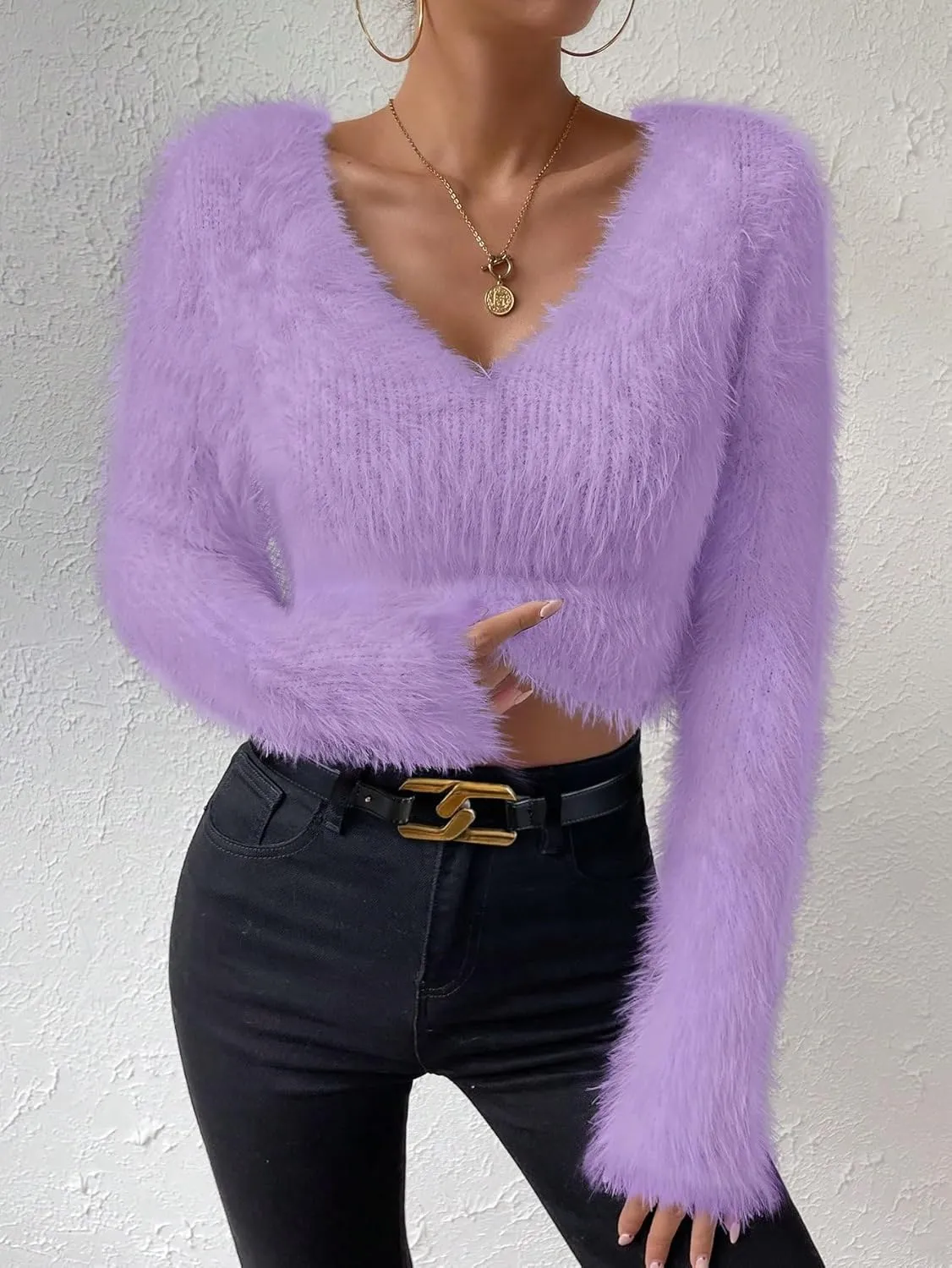 SweatyRocks Women's Fuzzy Fleece Long Sleeve V Neck Crop Sweater Casual Plain Slim Fit Warm Knitwear Sweater Tops