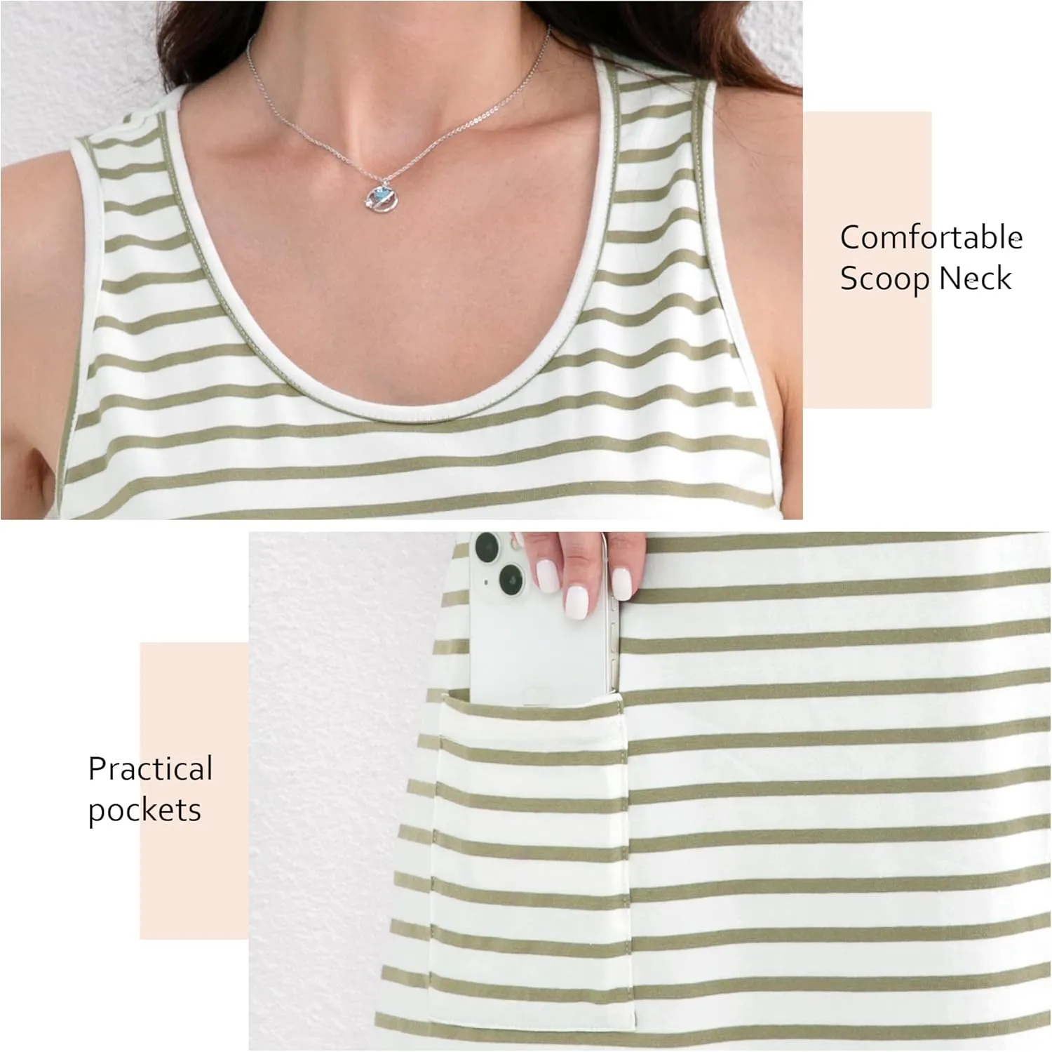 syztsho Womens Summer Dresses Casual Striped Scoop Neck T Shirt Dress Sleeveless Sundress with Pocke
