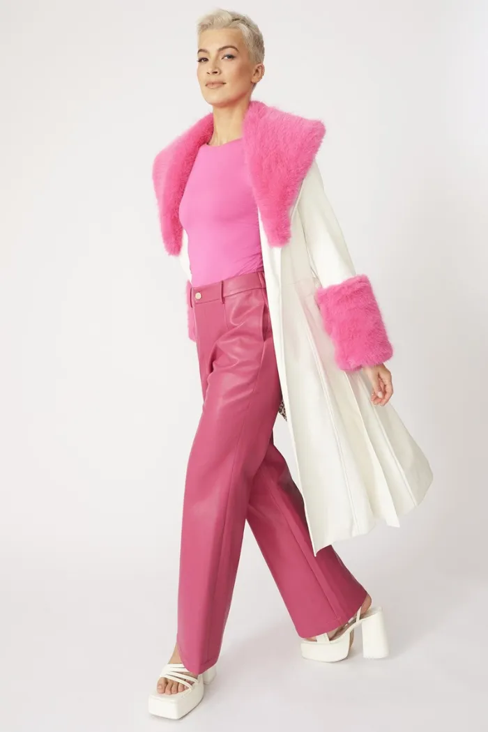Trench Style Belted Coat with Faux Fur Cuffs and Collar