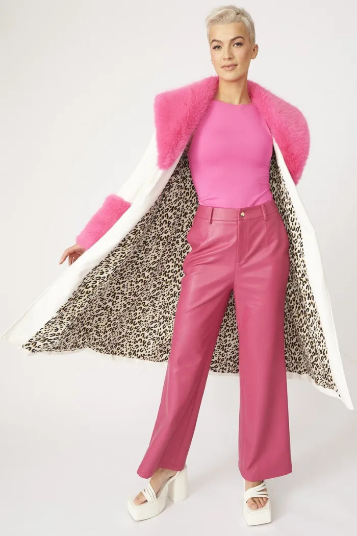 Trench Style Belted Coat with Faux Fur Cuffs and Collar