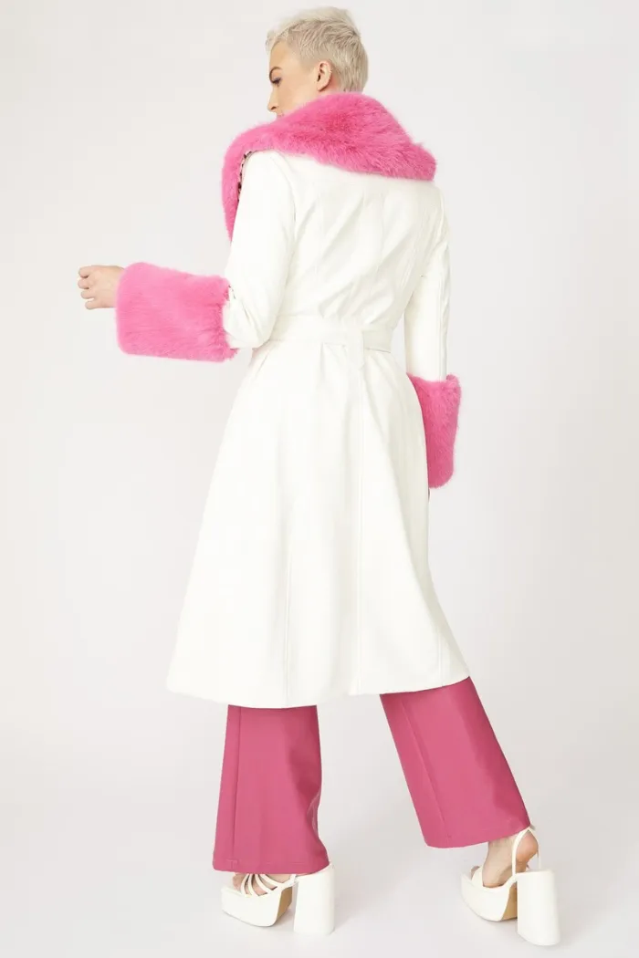 Trench Style Belted Coat with Faux Fur Cuffs and Collar