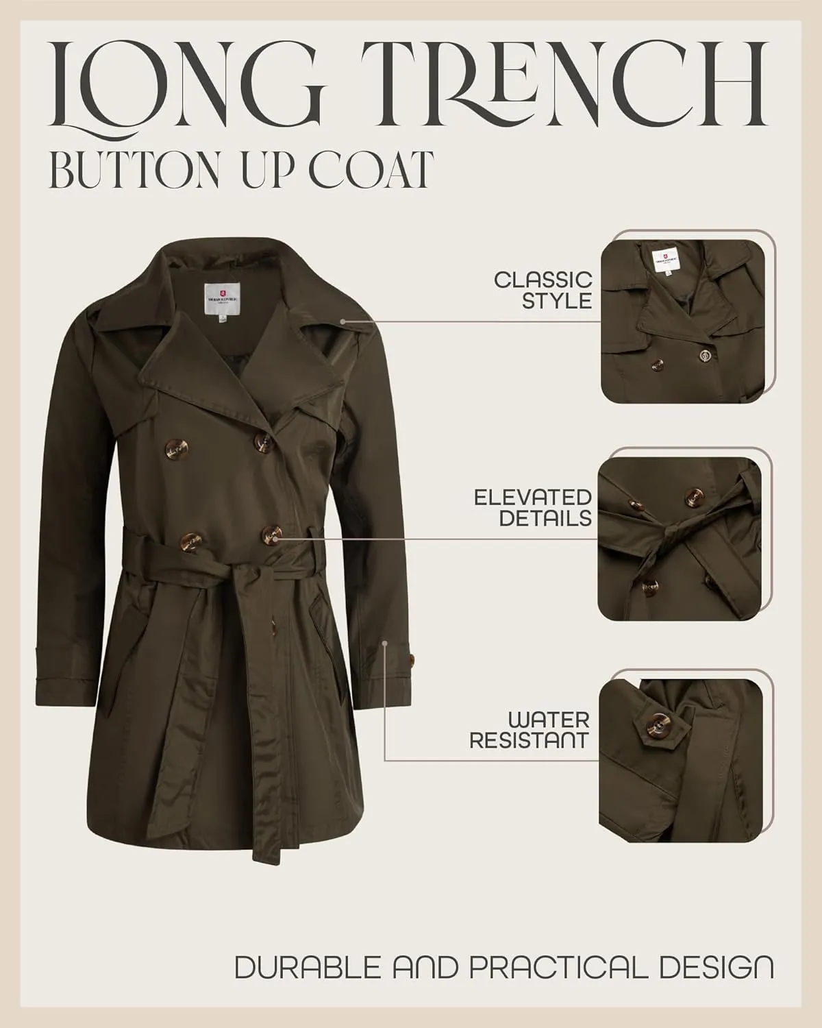 URBAN REPUBLIC Women's Long Trench Coat - Poly-Techno Double Breasted Water-Resistant Overcoat for Women (Sizes: S-XL)