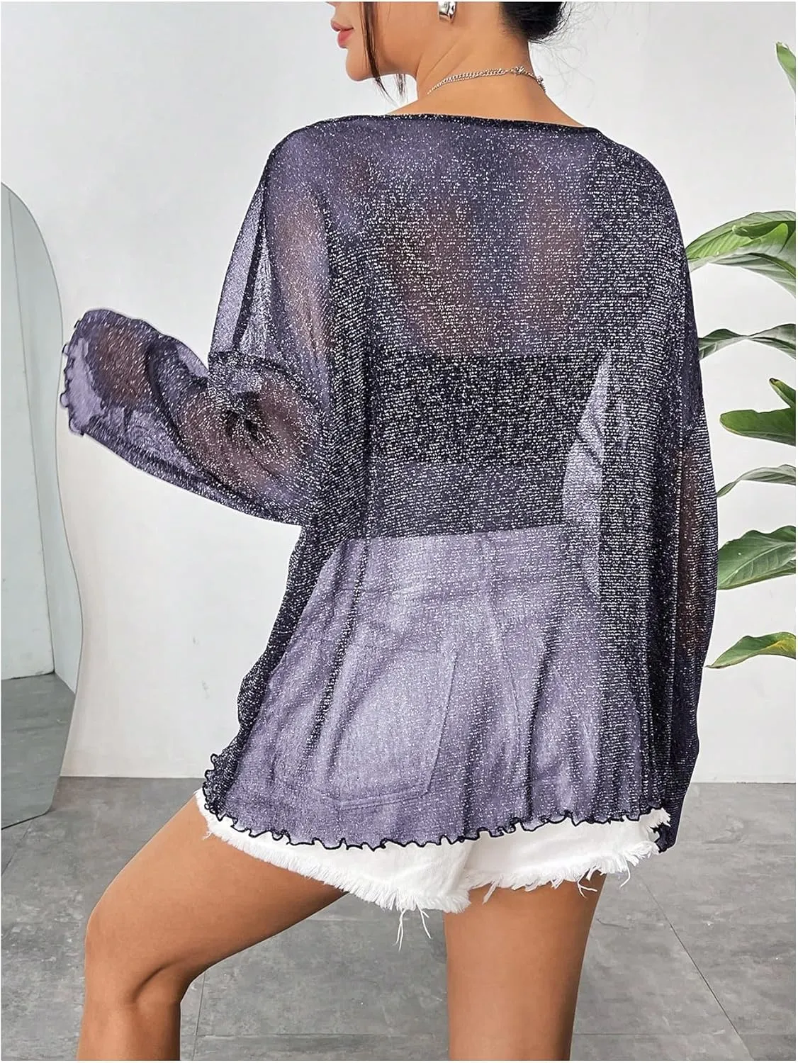 Verdusa Women's Glitter Mesh See Through Top Long Sleeve Oversized Tee Shirt