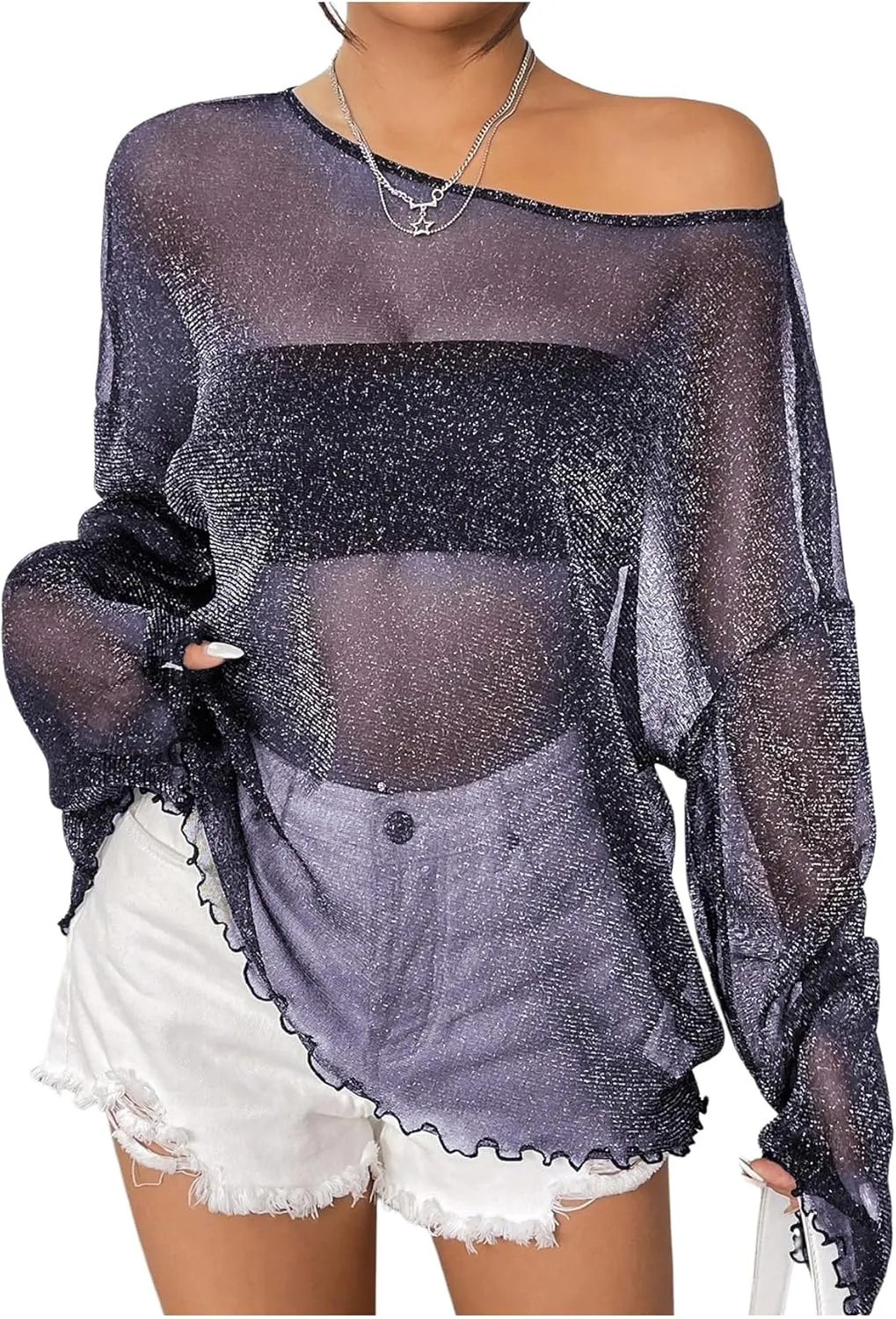 Verdusa Women's Glitter Mesh See Through Top Long Sleeve Oversized Tee Shirt