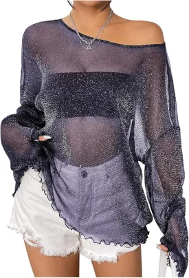 Verdusa Women's Glitter Mesh See Through Top Long Sleeve Oversized Tee Shirt