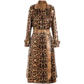 Vintage Leopard Trench For Female Lapel Long Sleeve Gathered Waist Colorblock Women's Windbreaker Fashion