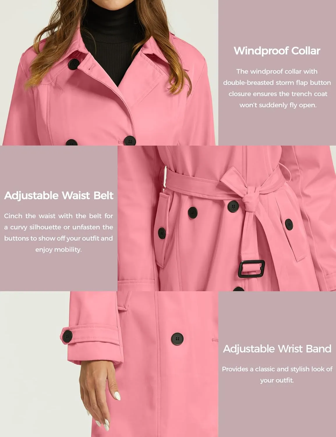 wantdo Women's Waterproof Trench Coat Classic Lapel Outerwear Coat with Belt