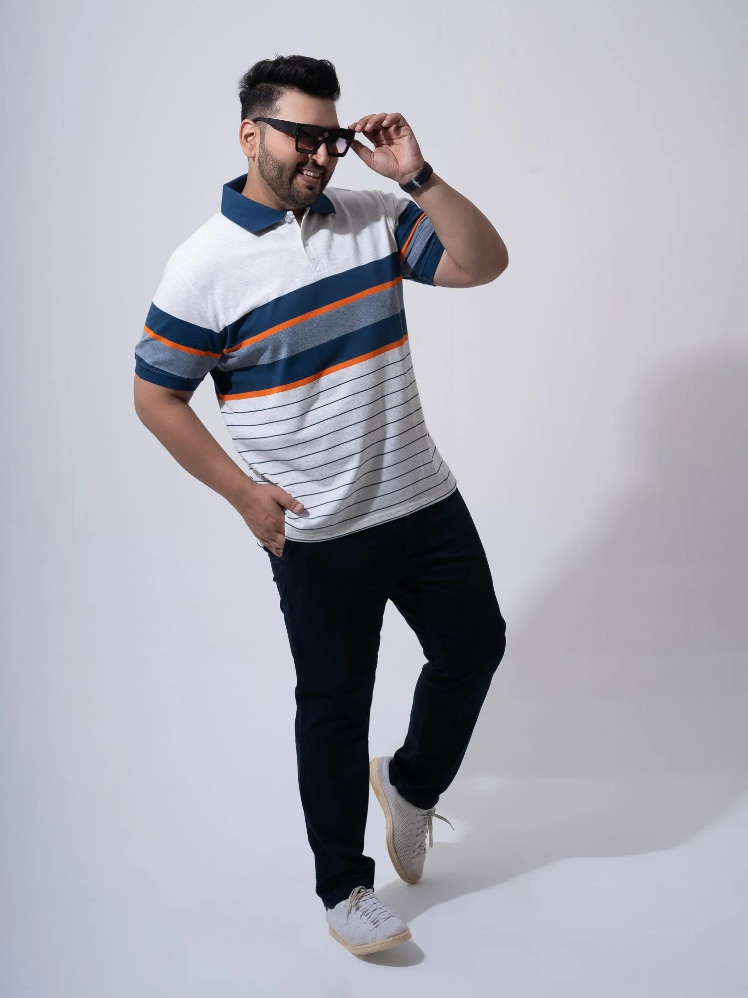 White Melange Striped Polo T-shirt