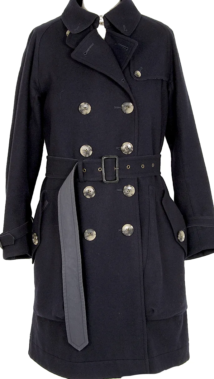WIM NEELS BELGIUM. Navy Wool Belted Trench Coat