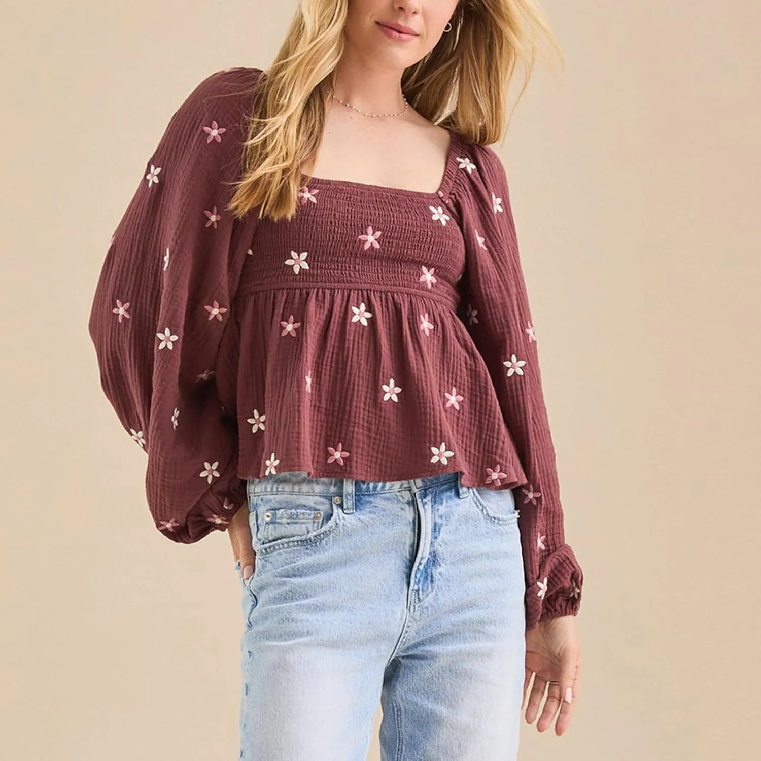 Women Floral Embroidered Blouses Long Lantern Sleeve Smocked Top Y2k Square Neck Babydoll Shirts Vintage Flowy Tops