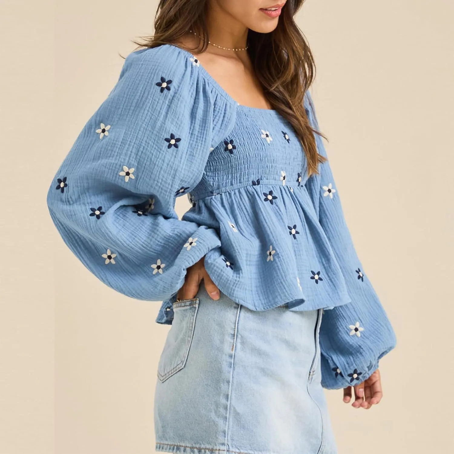 Women Floral Embroidered Blouses Long Lantern Sleeve Smocked Top Y2k Square Neck Babydoll Shirts Vintage Flowy Tops