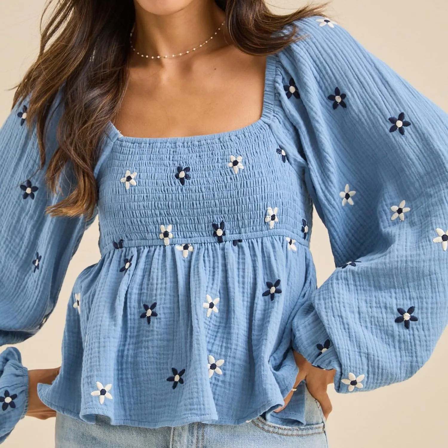 Women Floral Embroidered Blouses Long Lantern Sleeve Smocked Top Y2k Square Neck Babydoll Shirts Vintage Flowy Tops
