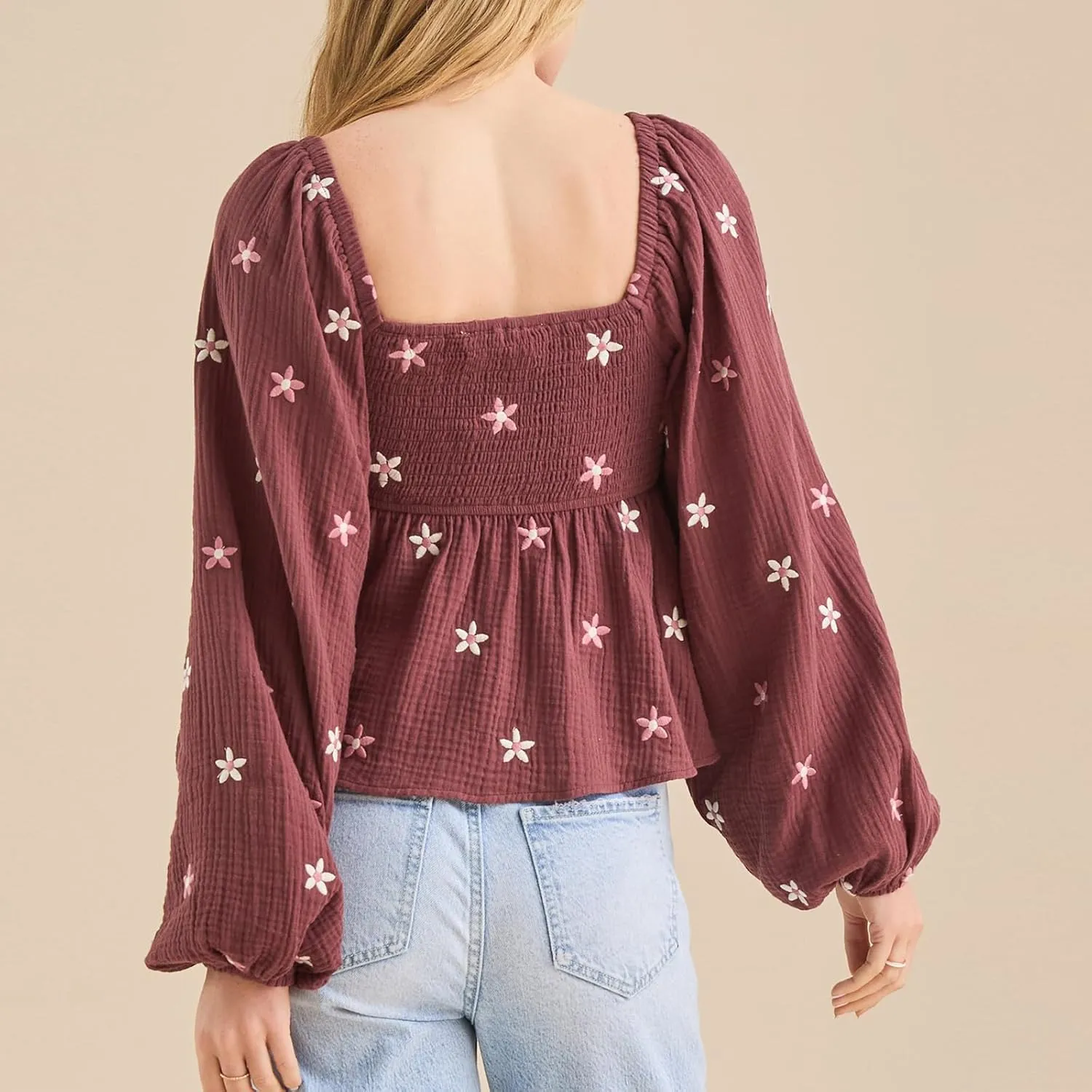 Women Floral Embroidered Blouses Long Lantern Sleeve Smocked Top Y2k Square Neck Babydoll Shirts Vintage Flowy Tops