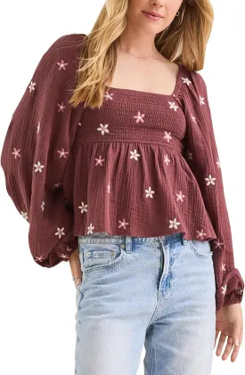 Women Floral Embroidered Blouses Long Lantern Sleeve Smocked Top Y2k Square Neck Babydoll Shirts Vintage Flowy Tops