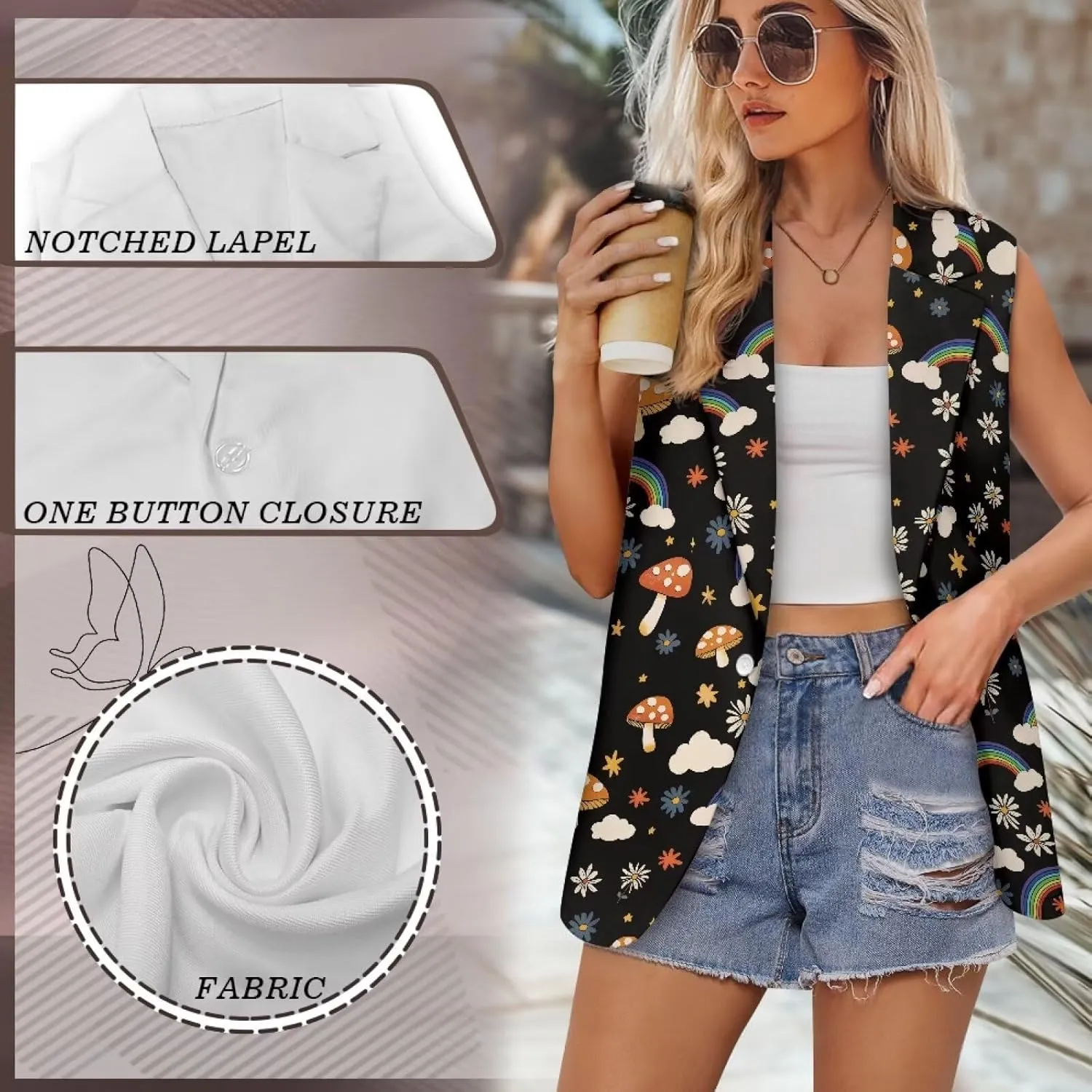Women Siut Vest Blazer Tops V Neck Sleeveless Jackets Lapel Collar One Button Holiday Waistcoat
