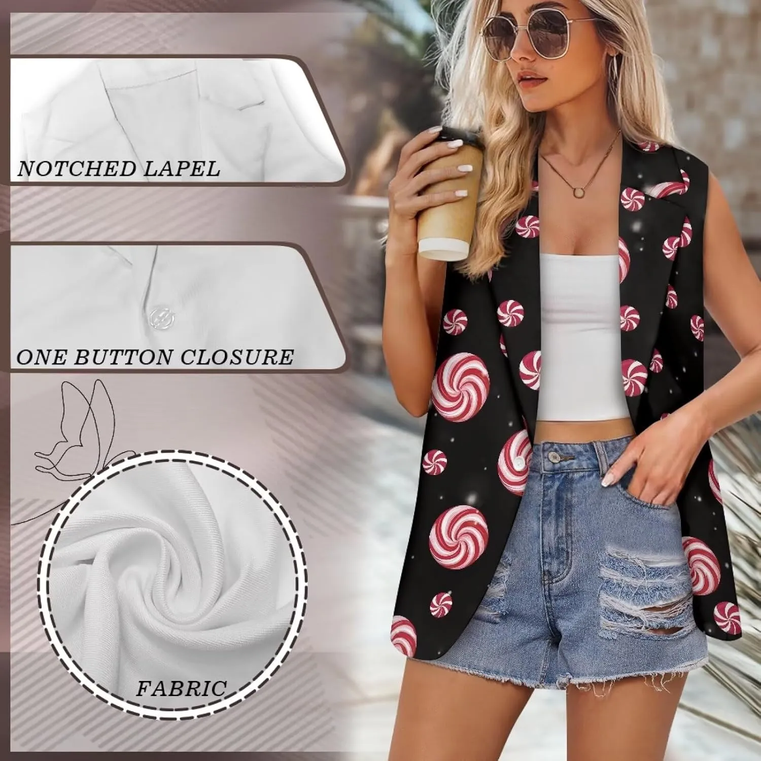 Women Siut Vest Blazer Tops V Neck Sleeveless Jackets Lapel Collar One Button Holiday Waistcoat