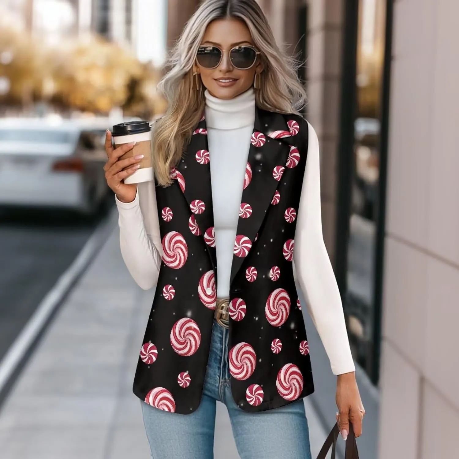 Women Siut Vest Blazer Tops V Neck Sleeveless Jackets Lapel Collar One Button Holiday Waistcoat