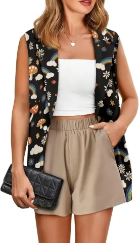 Women Siut Vest Blazer Tops V Neck Sleeveless Jackets Lapel Collar One Button Holiday Waistcoat