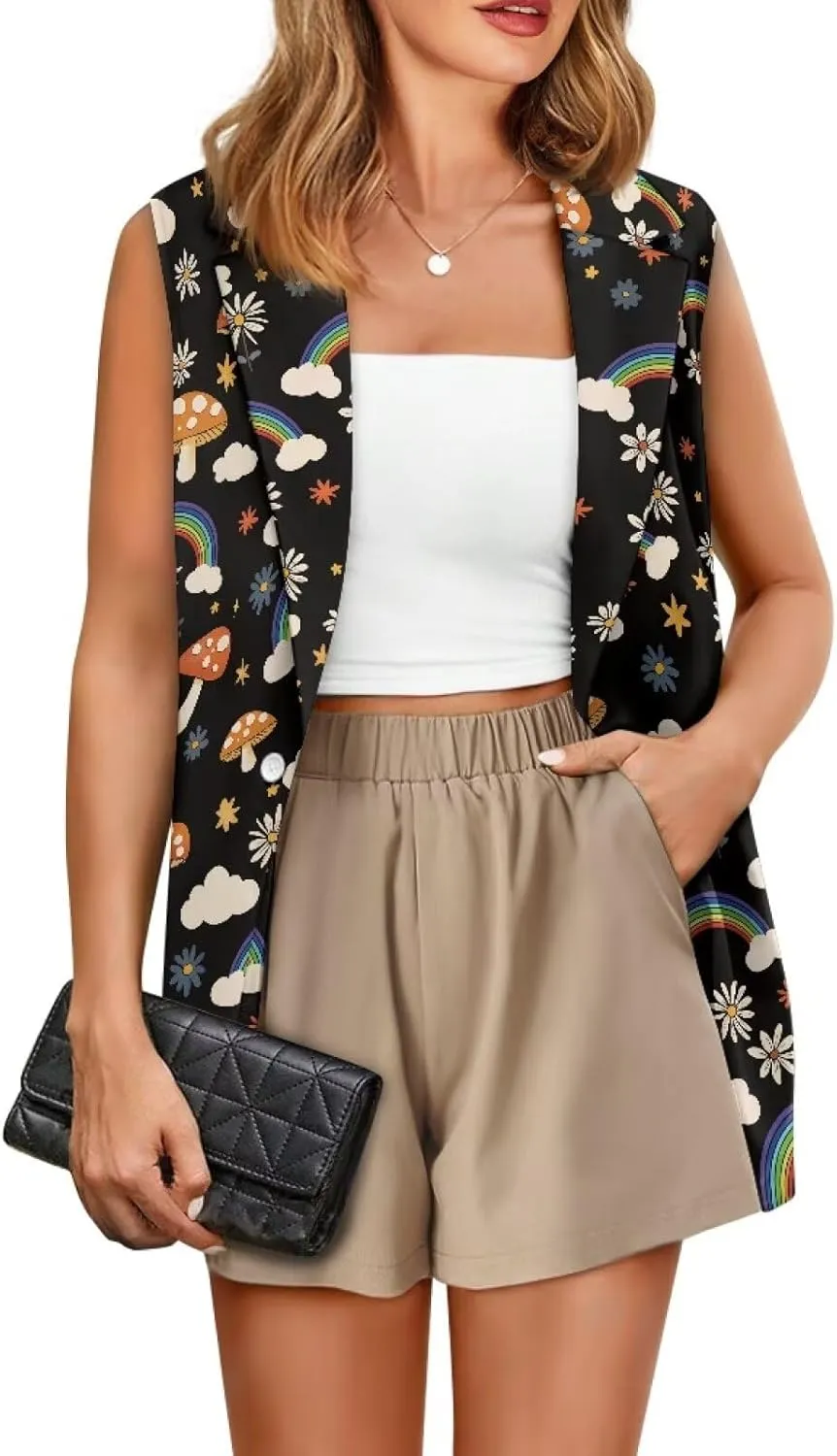 Women Siut Vest Blazer Tops V Neck Sleeveless Jackets Lapel Collar One Button Holiday Waistcoat