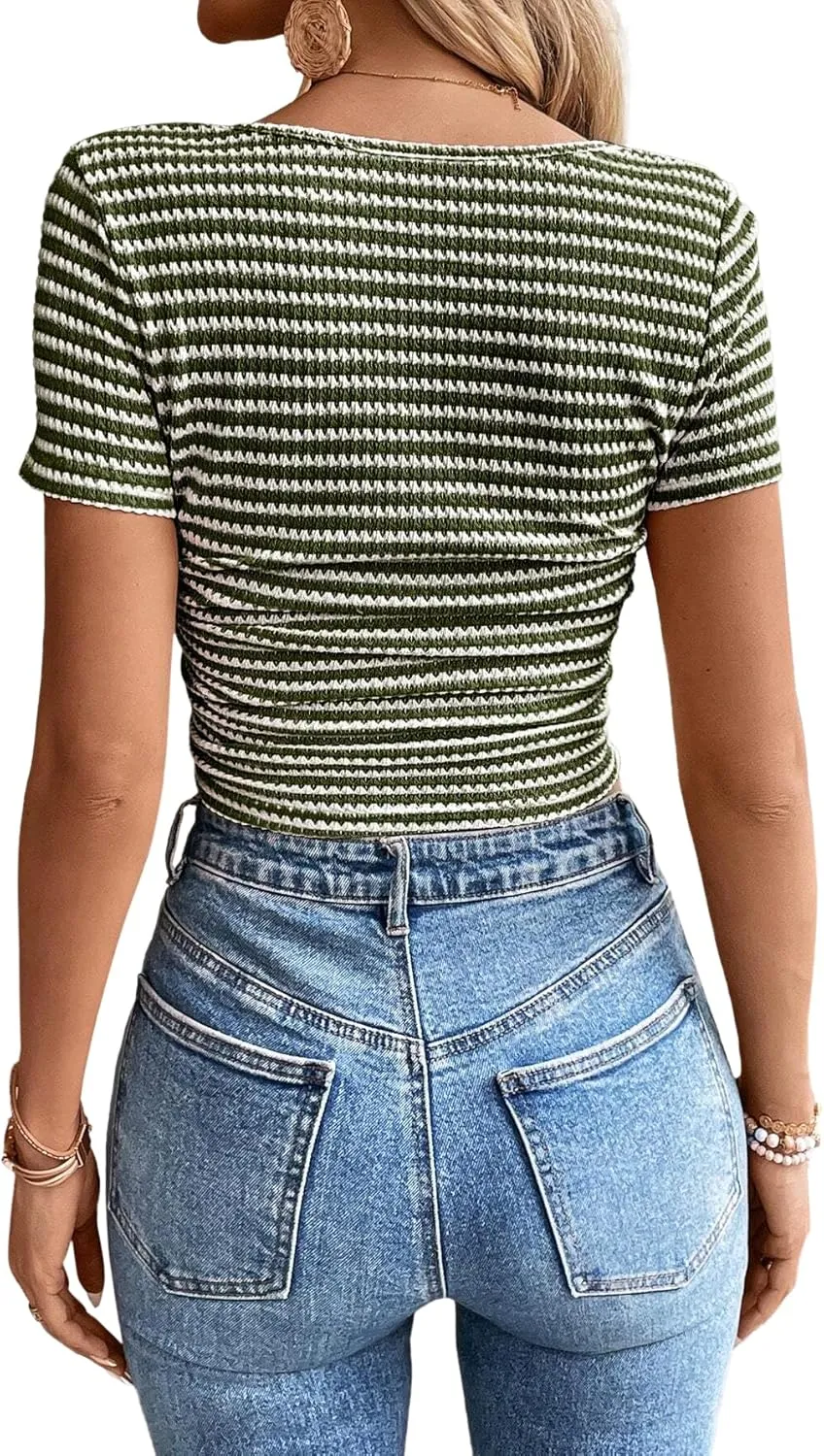 Women Summer Short Sleeve Shirts Ruched Tops Sexy Square Neck Blouses Going Out Knit T Shirt Basic Tees