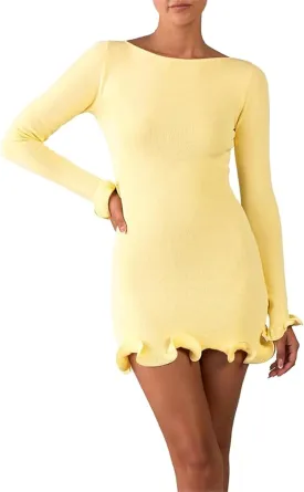 Women's Bodycon Knit Mini Dress Contrast Trim Crew Neck Long Sleeve Short Dresses Lettuce Edge Dress Knitwear