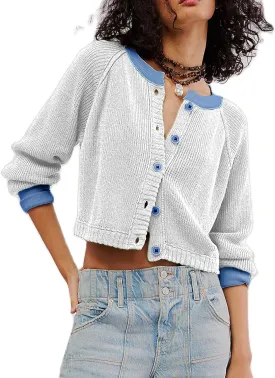 Women's Color Block Cropped Cardigan Sweater Fall Long Sleeve Open Front Button Down Knitwear Crewneck Knit Outwear