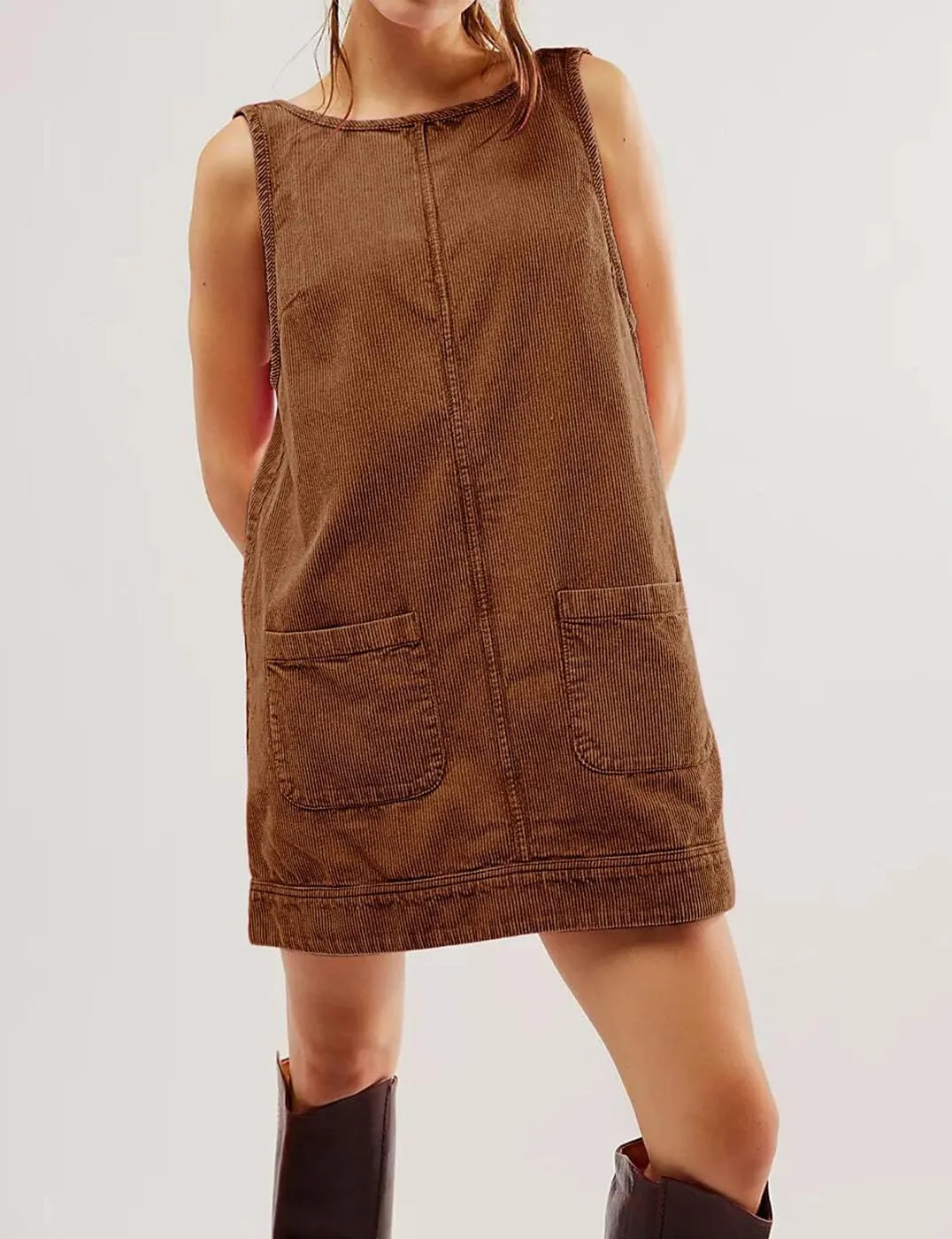 Women's Corduroy Overall Dress Round Neck A Line Skirtall Jumper Pinafore Mini Dress with Pockets