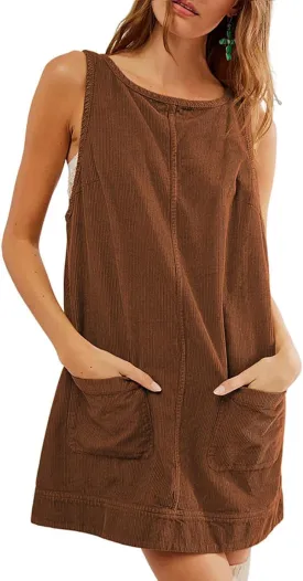 Women's Corduroy Overall Dress Round Neck A Line Skirtall Jumper Pinafore Mini Dress with Pockets