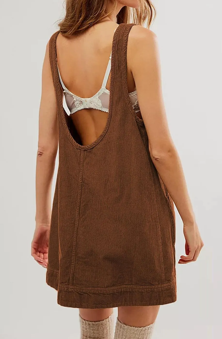 Women's Corduroy Overall Dress Round Neck A Line Skirtall Jumper Pinafore Mini Dress with Pockets