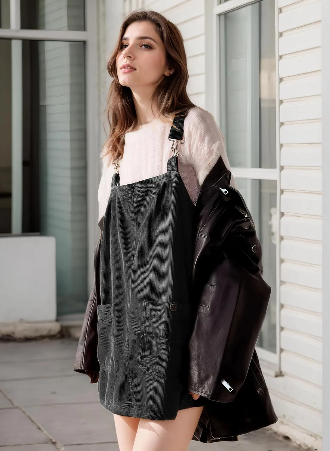 Womens Corduroy Overalls Dress Casual Adjustable Straps Pinafore Dress Short Skirt with Pockets
