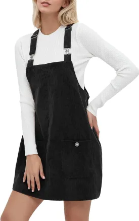 Womens Corduroy Overalls Dress Casual Adjustable Straps Pinafore Dress Short Skirt with Pockets