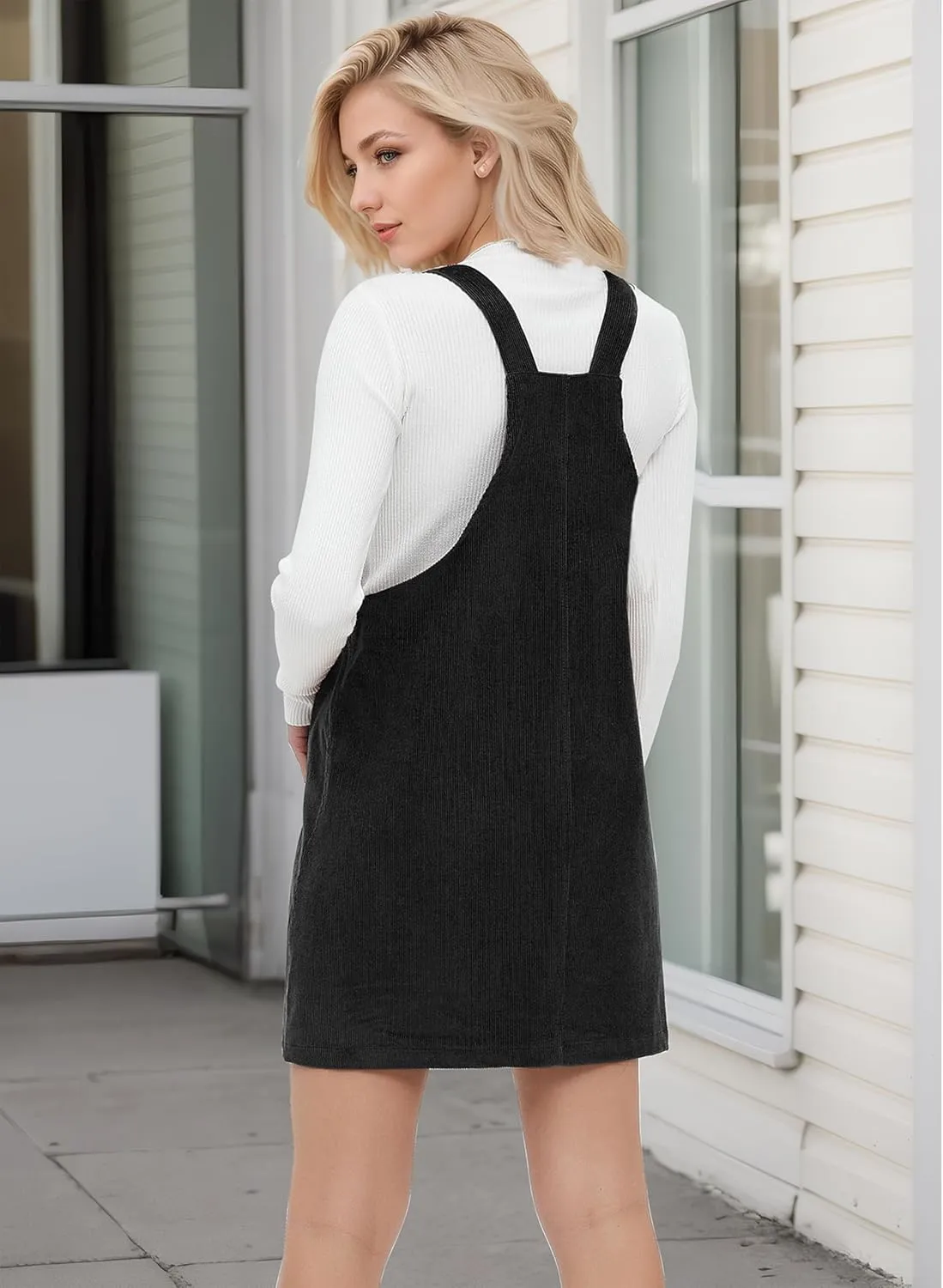 Womens Corduroy Overalls Dress Casual Adjustable Straps Pinafore Dress Short Skirt with Pockets