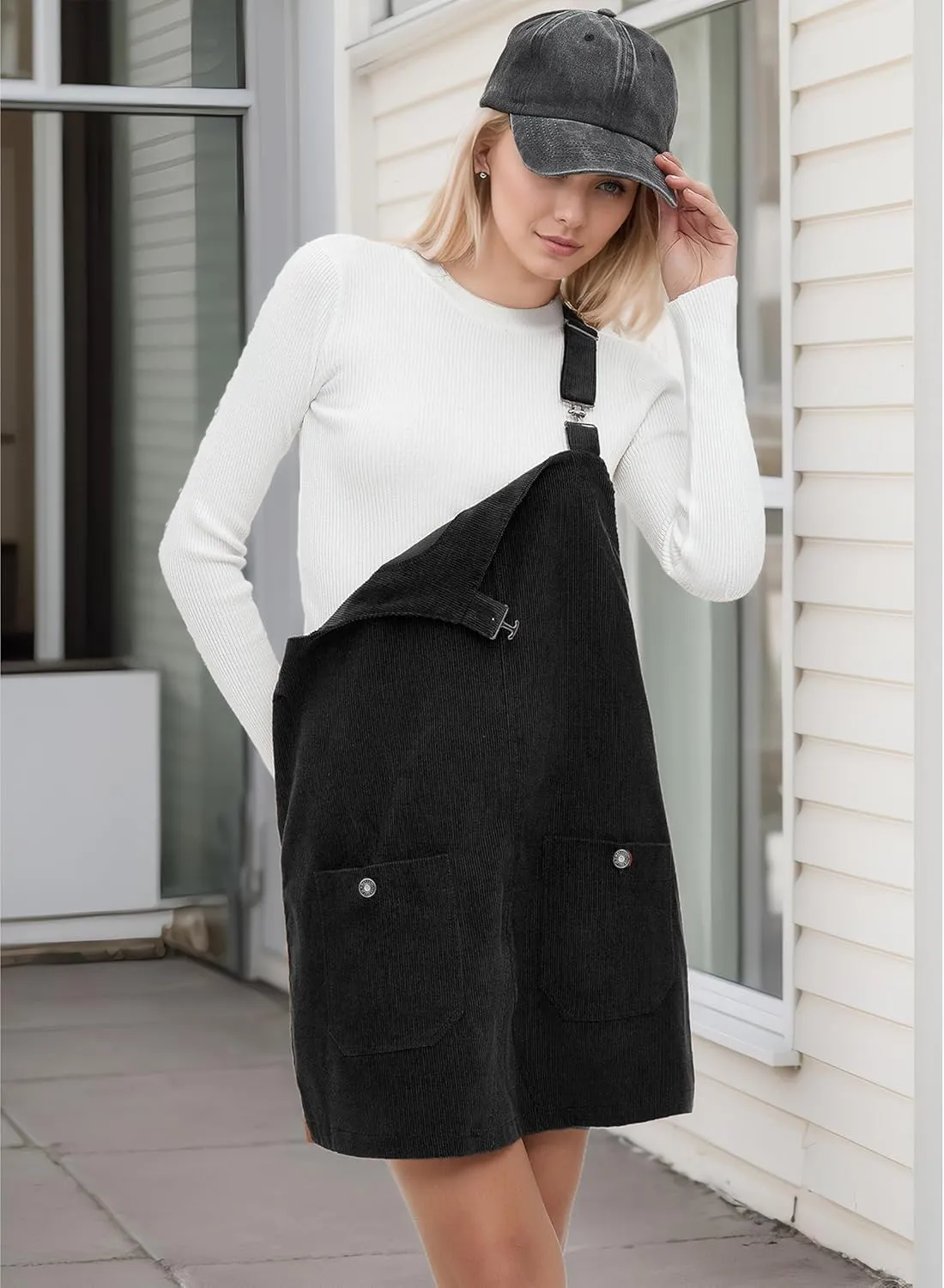 Womens Corduroy Overalls Dress Casual Adjustable Straps Pinafore Dress Short Skirt with Pockets