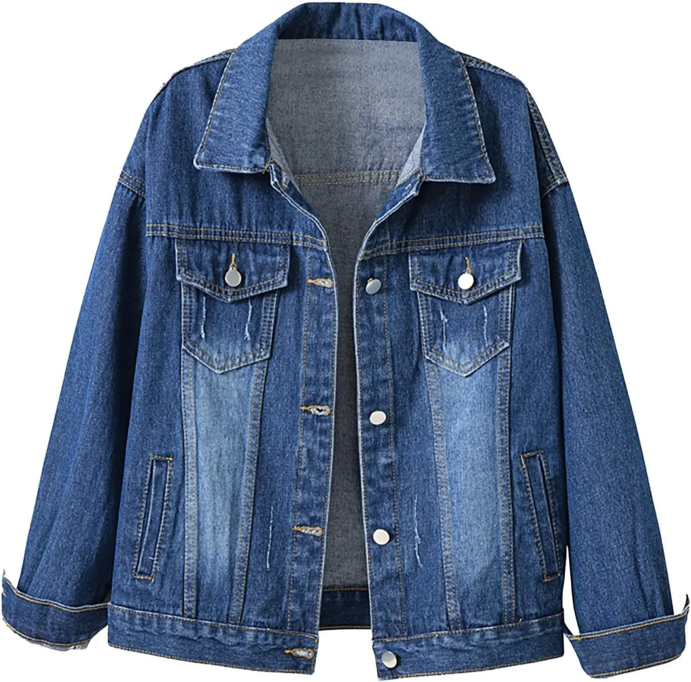 Women's Cropped Denim Jacket Plus Size Distressed Washed Button Down Long Sleeve Jean Trucker Jacket with Pockets