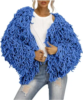 Womens Fringed Sweater Jacket Cropped Fringe Faux Suede Jackets Woven Hollow Solid Color Cardigan Fashion Casual Tops