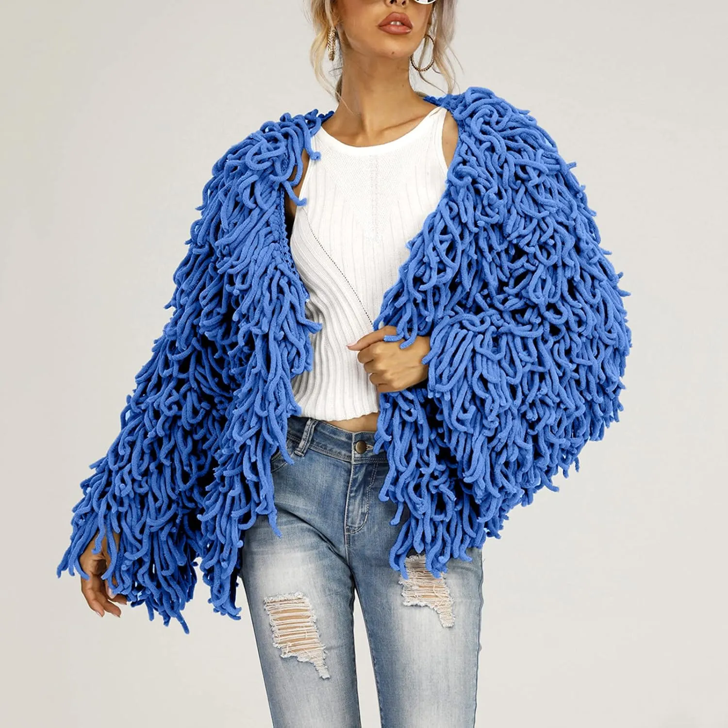 Womens Fringed Sweater Jacket Cropped Fringe Faux Suede Jackets Woven Hollow Solid Color Cardigan Fashion Casual Tops