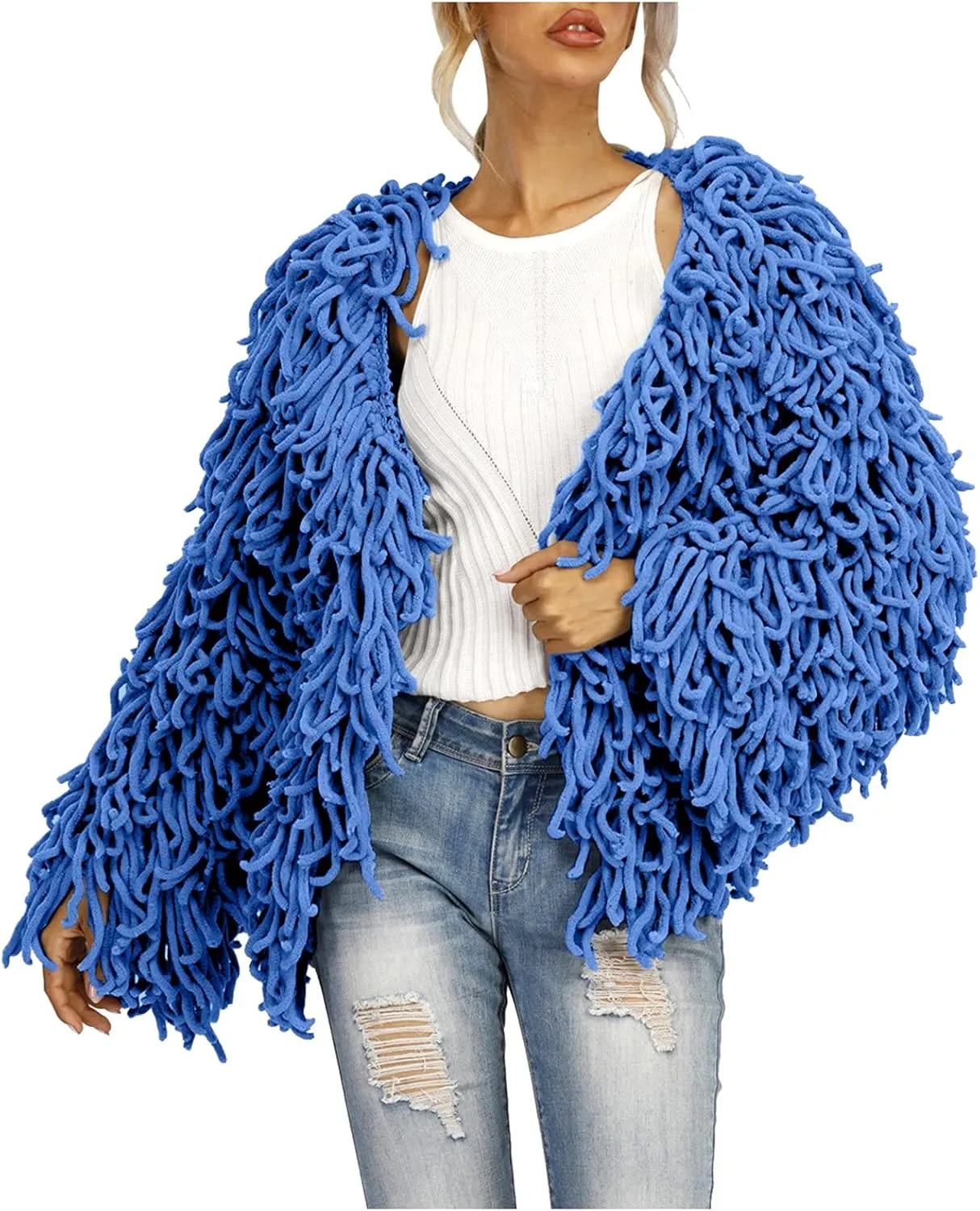 Womens Fringed Sweater Jacket Cropped Fringe Faux Suede Jackets Woven Hollow Solid Color Cardigan Fashion Casual Tops