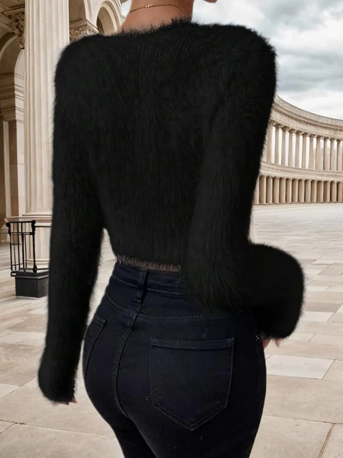 Women's Fuzzy Fluffy Long Sleeve V Neck Crop Sweater Casual Plain Slim Fit Warm Knitwear Sweater Tops