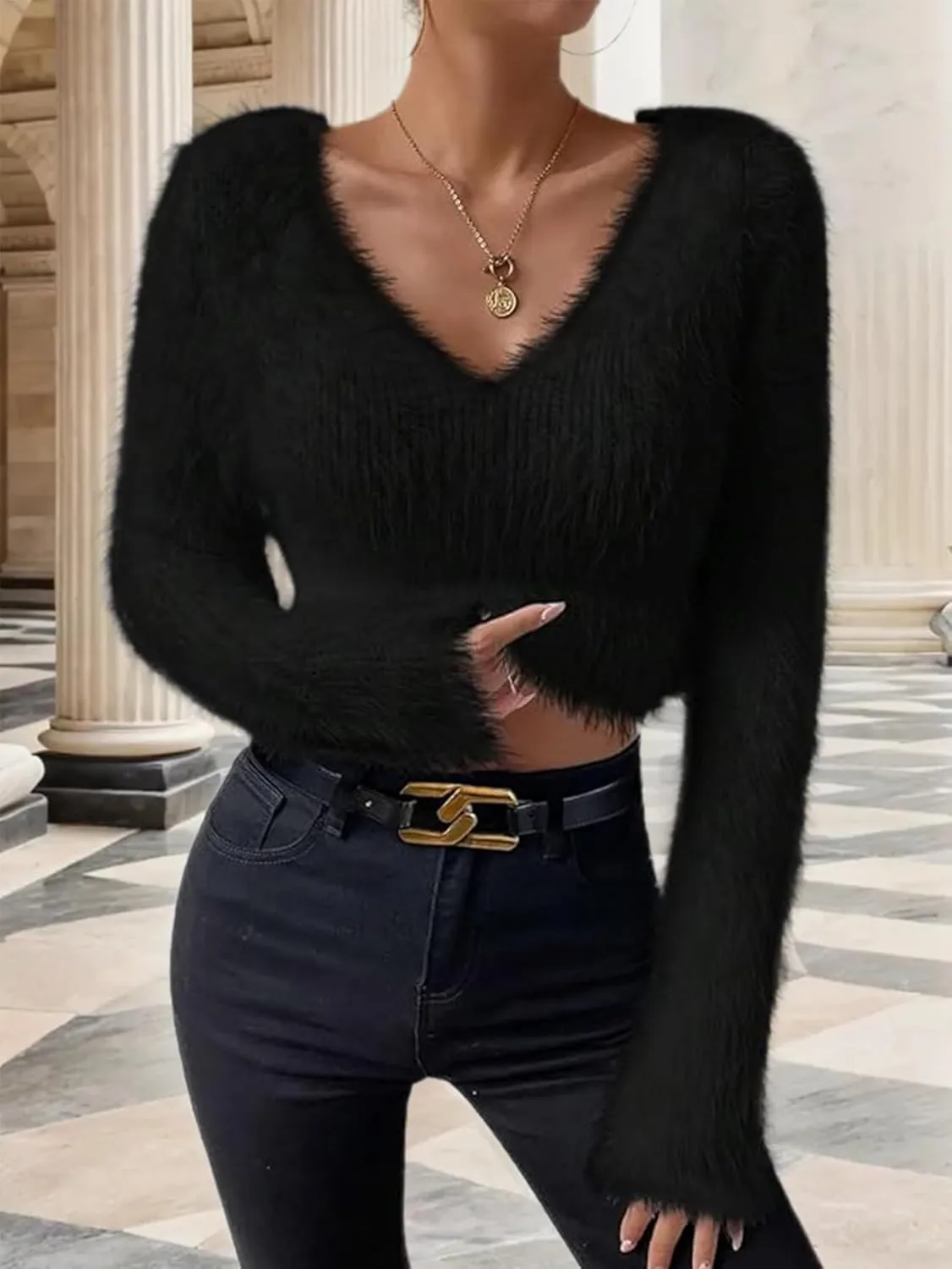Women's Fuzzy Fluffy Long Sleeve V Neck Crop Sweater Casual Plain Slim Fit Warm Knitwear Sweater Tops