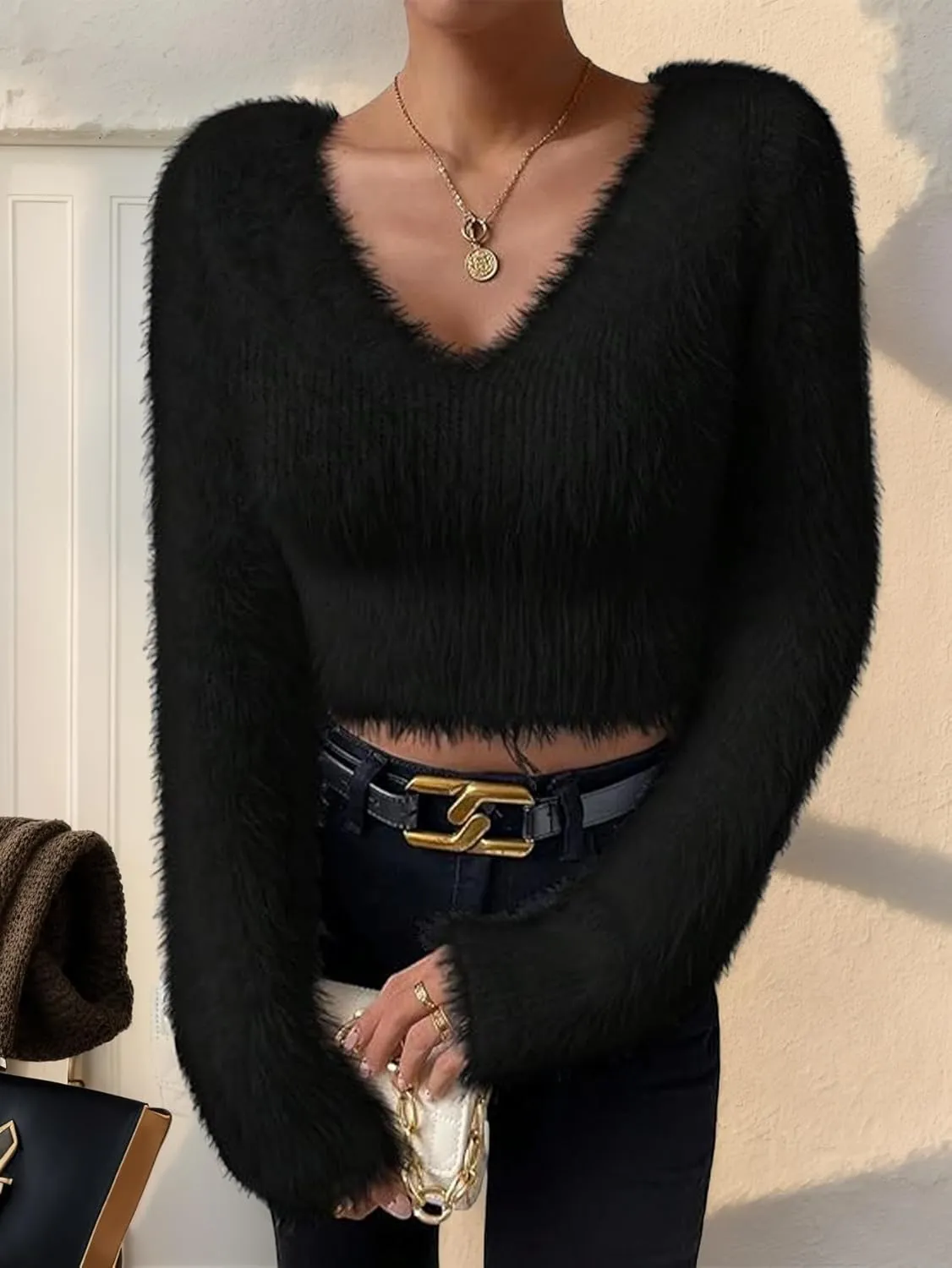 Women's Fuzzy Fluffy Long Sleeve V Neck Crop Sweater Casual Plain Slim Fit Warm Knitwear Sweater Tops