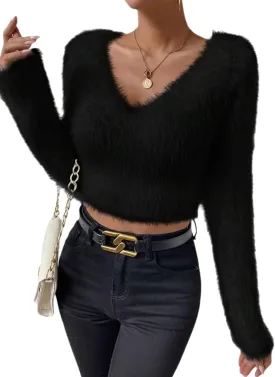 Women's Fuzzy Fluffy Long Sleeve V Neck Crop Sweater Casual Plain Slim Fit Warm Knitwear Sweater Tops