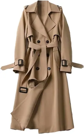 Womens Long Trench Coat Casual Slim Windbreaker Jacket Windproof Double Breasted Lapel Overcoat with Belt