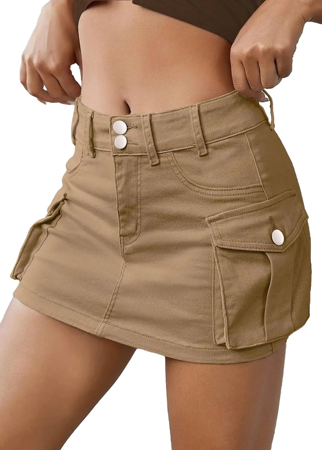 Women's Low Waist Denim Cargo Skirt Y2K Mini Jean With Large Pockets and Buttons