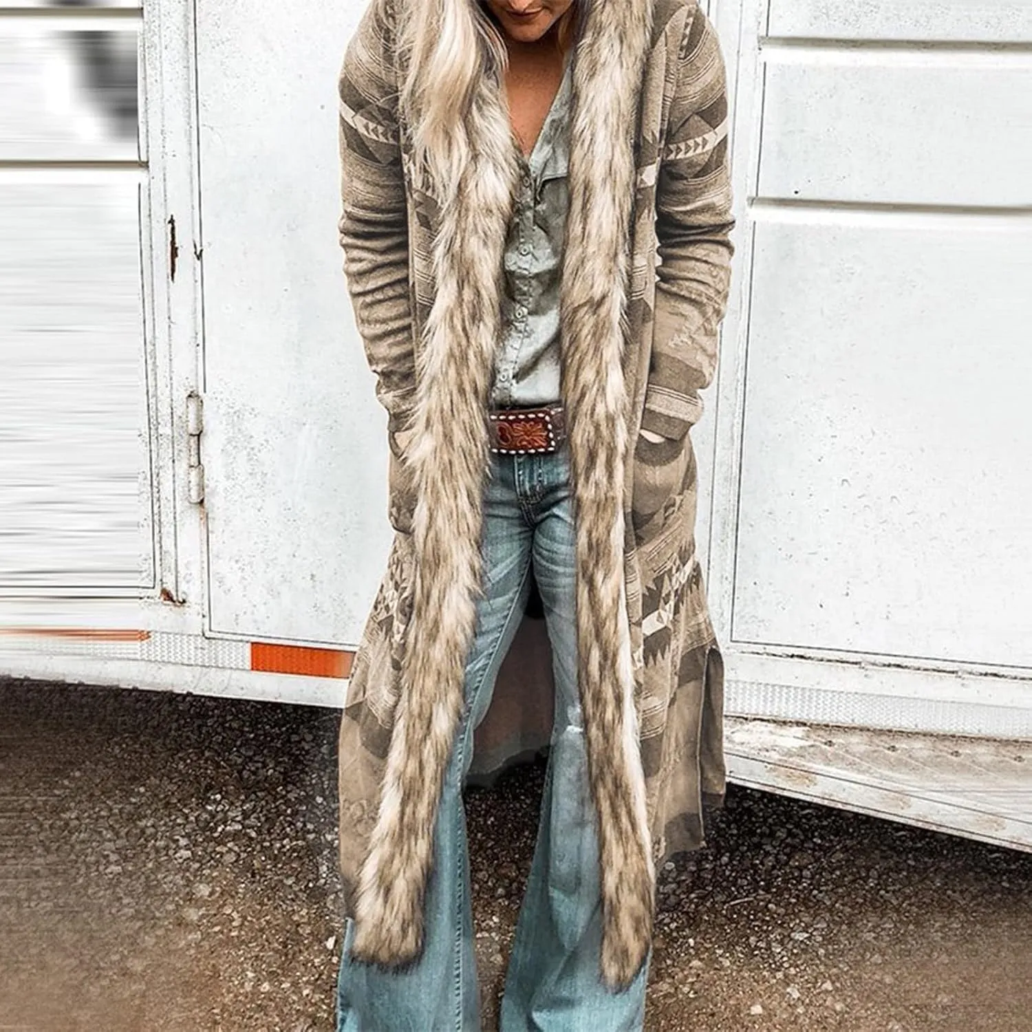 Women's Winter Long Jacket Open Front Cardigan Vintage Western Coats Faux Fur Trim Parka Outerwear with Pockets