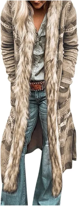 Women's Winter Long Jacket Open Front Cardigan Vintage Western Coats Faux Fur Trim Parka Outerwear with Pockets
