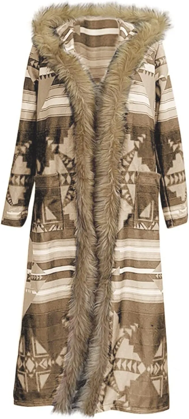 Women's Winter Long Jacket Open Front Cardigan Vintage Western Coats Faux Fur Trim Parka Outerwear with Pockets