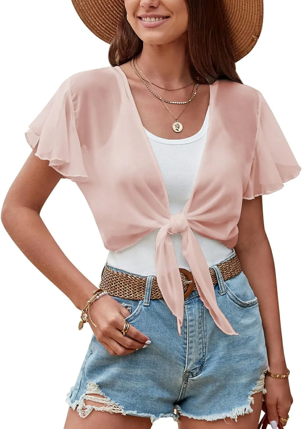 ZAFUL Women's Chiffon Cropped Bolero Sheer Shrugs for Dress Short Sleeve Tie Front Cardigan