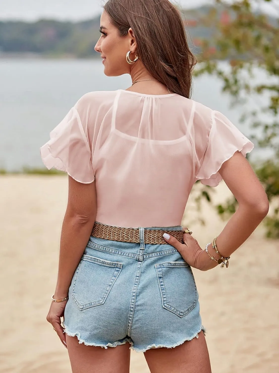 ZAFUL Women's Chiffon Cropped Bolero Sheer Shrugs for Dress Short Sleeve Tie Front Cardigan