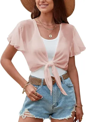 ZAFUL Women's Chiffon Cropped Bolero Sheer Shrugs for Dress Short Sleeve Tie Front Cardigan