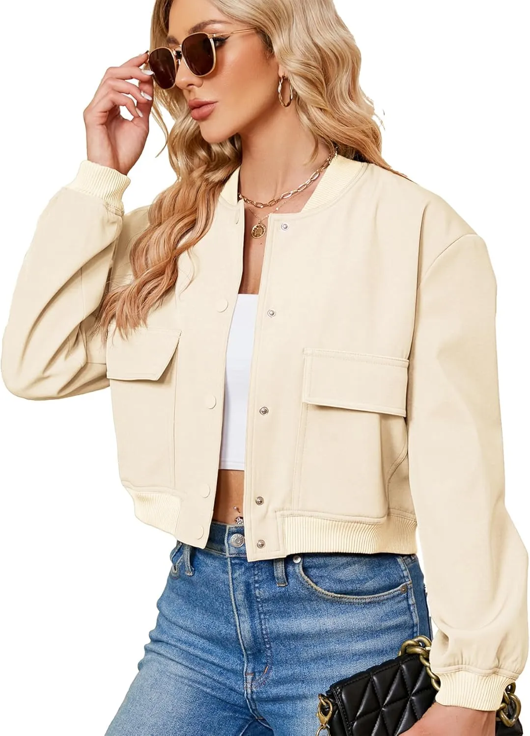 Zando Womens Bomber Jacket Button Down Short Cropped Jackets Long Sleeve Baseball Varsity Jacket Casual Jackets with Pockets